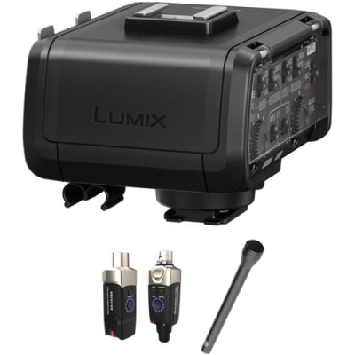 PANASONIC DMW-XLR1 CONNECTS TO DC-GH5 THROUGH HOT SHOE, PROVIDES TWO XLR AUDIO INPUTS ,CONTROL PANEL WITH CLEAR COVER